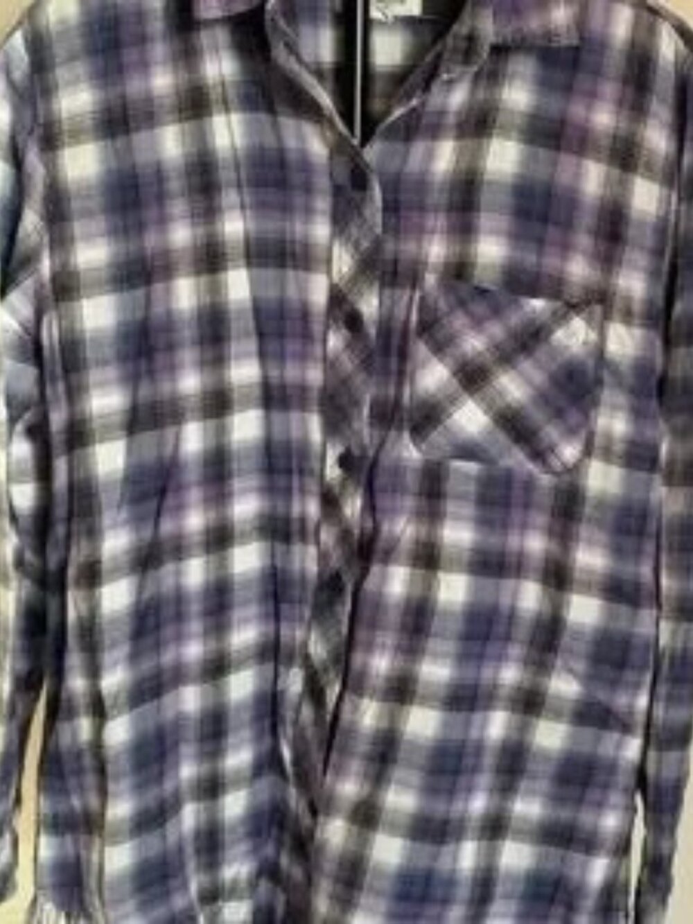 beachlunchlounge XS Flannel Plaid Button-Down Shirt Fringe Hem Grunge Surfer - Picture 2 of 12